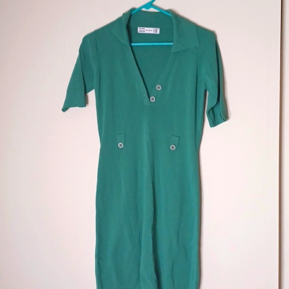 Zara Emerald Green Knit Polo Dress Tunic Size Medium Vintage Vibe